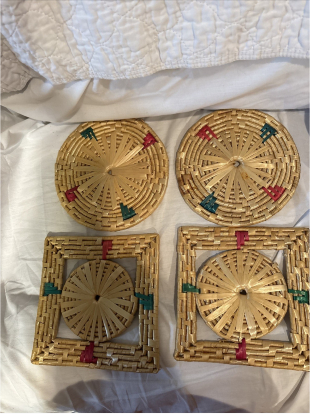 Lot 4 Vintage Woven Raffia Trivets Boho Straw Rattan Hot Pads Handmade 1059 - Picture 3 of 5